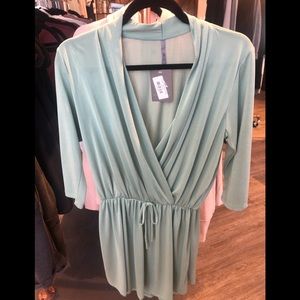 Dress mint green v-neck dress draw string waist